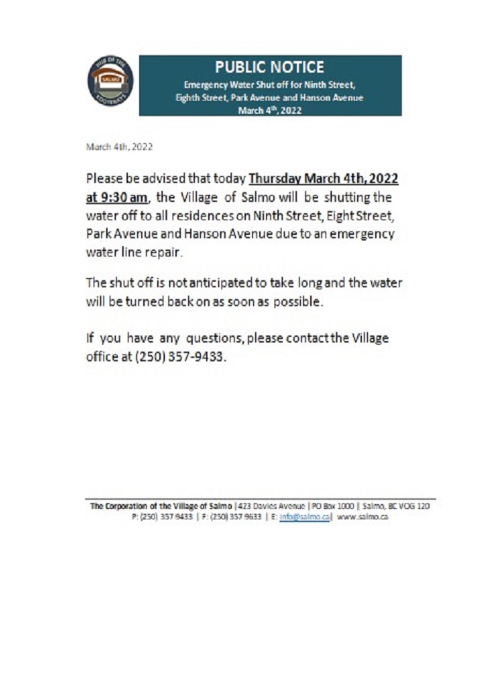 Canada British Columbia Hub of the Salmo Kootenays utility shut off notice